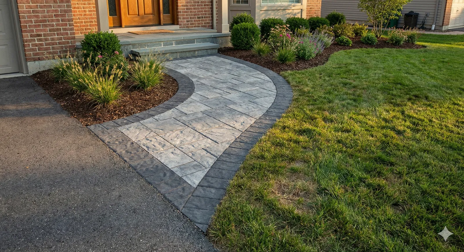 Curved path, driveway to front door